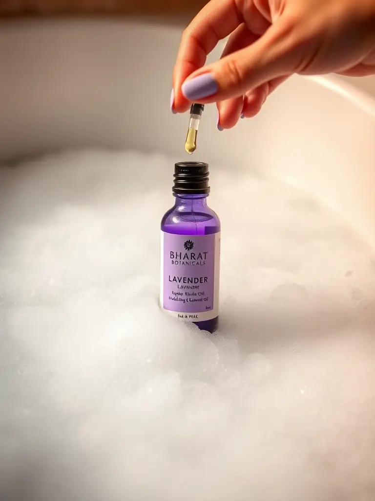 Close-up shot of a person's hand gently pouring a few drops of Bharat Botanicals Lavender Essential Oil into a steaming bath, creating a serene and relaxing atmosphere, emphasizing the calming benefits of the Hydrating Collection.