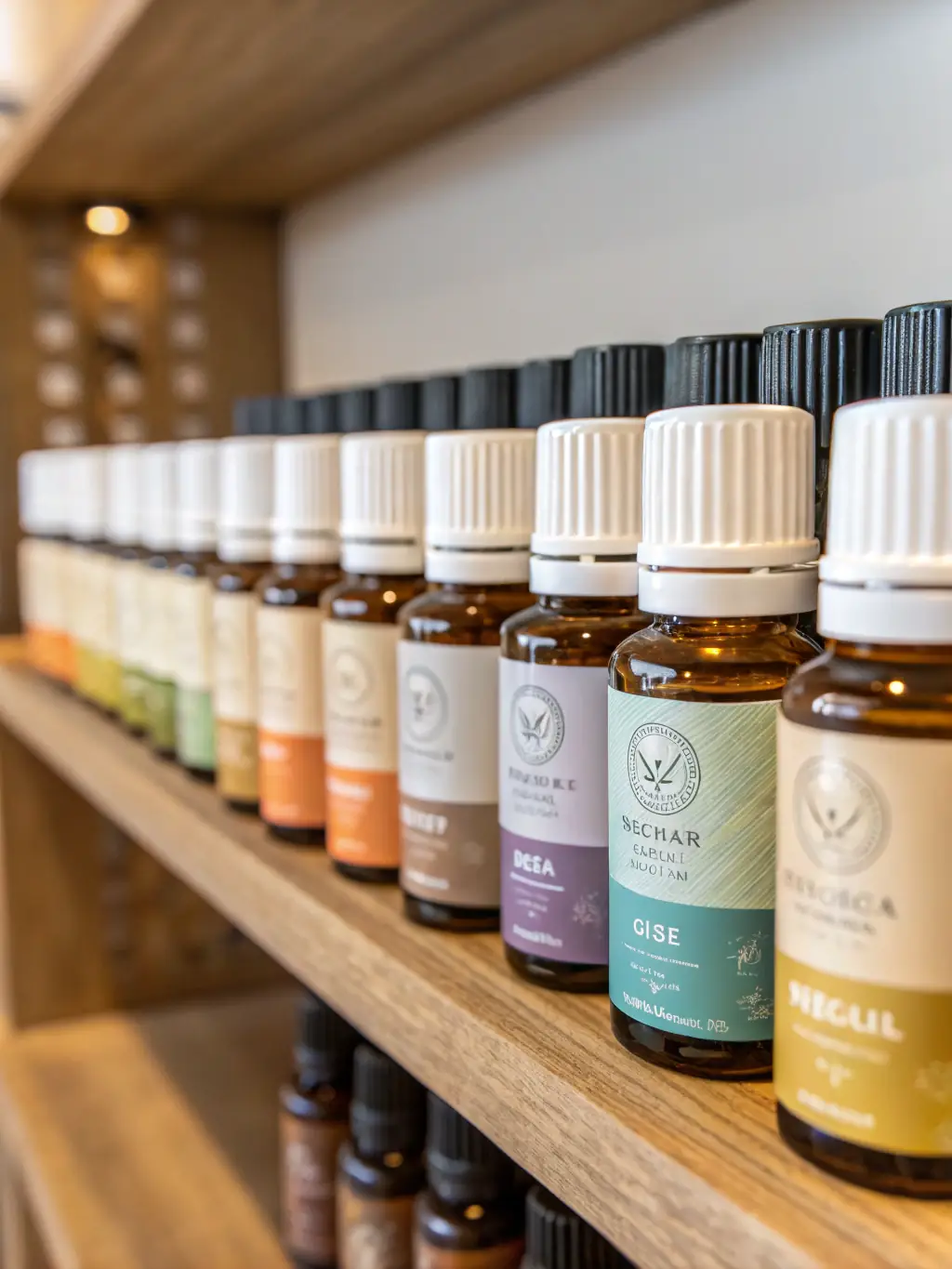 A close-up shot of a beautifully arranged set of Bharat Botanicals' Premium Blends essential oil bottles, showcasing their elegant labels and the rich colors of the oils. The bottles are placed on a natural wooden surface with scattered aromatic herbs and flowers, creating a visually appealing and inviting scene.