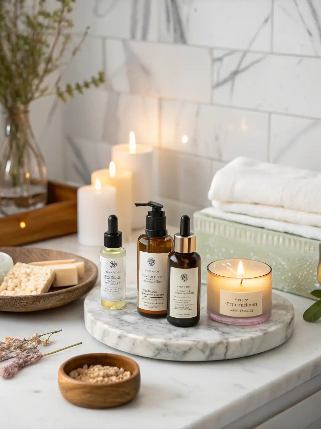 A collection of Bharat Botanicals' Premium Blends essential oils displayed alongside natural soaps and deodorants, highlighting the holistic approach to self-care offered by the brand. The products are arranged on a clean, minimalist surface with soft, diffused lighting.