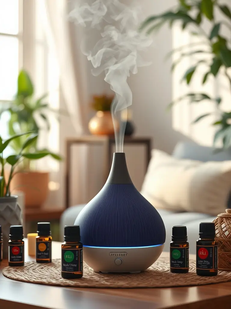 A person using a diffuser with Bharat Botanicals' Premium Blends essential oil, creating a calming and aromatic atmosphere in their home. Soft, natural light fills the room, highlighting the gentle mist from the diffuser and the peaceful ambiance.